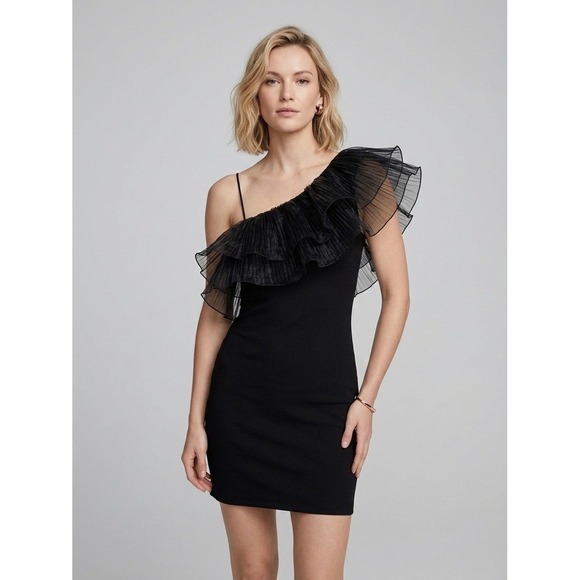Zara Dresses & Skirts - Zara Black One Shoulder Ruffle Cocktail Party Tulle Mini Dress Size S